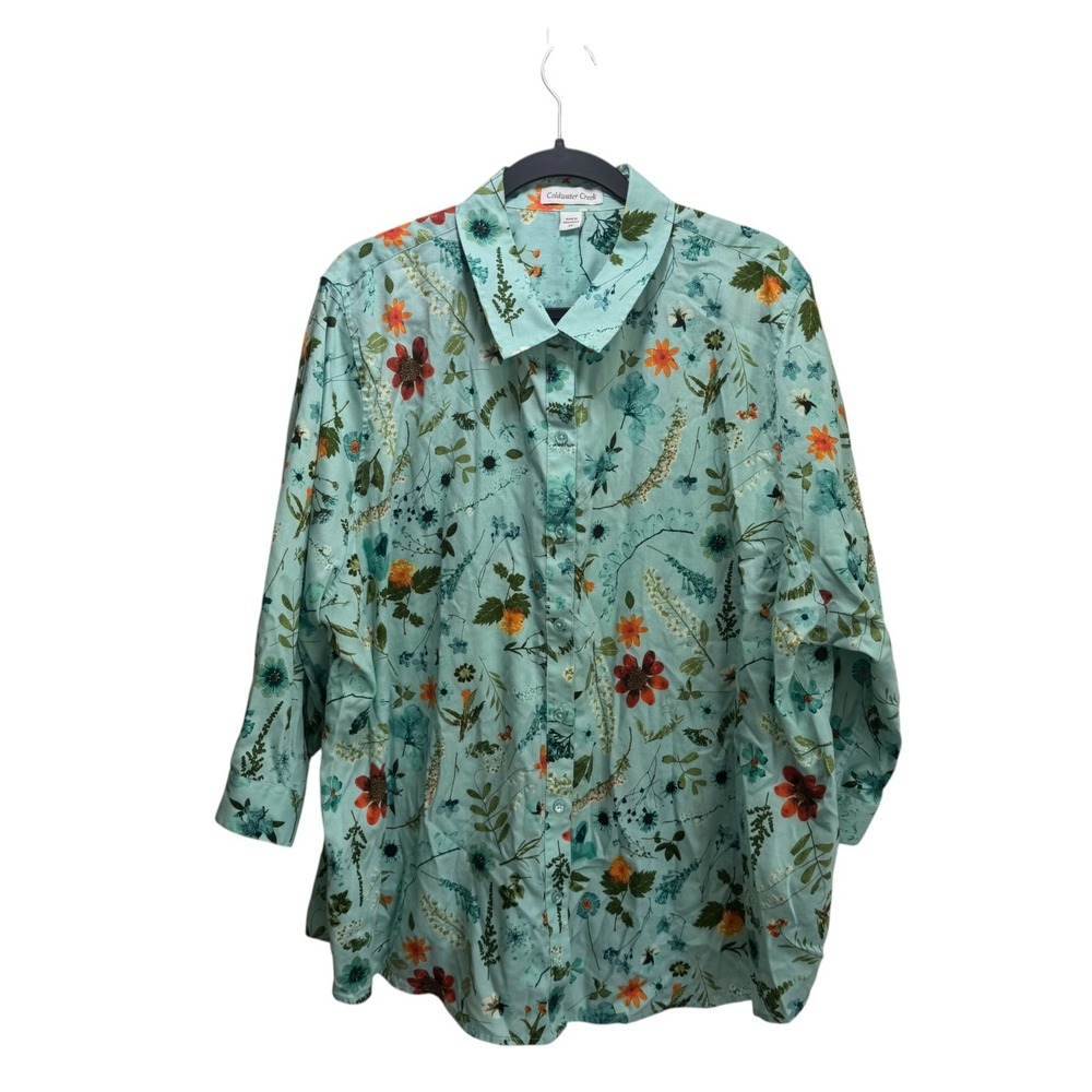 Coldwater Creek Boho Cottagecore Botanical Garden Button Up Shirt Top 3X Green